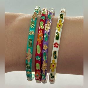 Vintage Cloisonné Enamel Bangle Bracelet Set Gold Tone Floral Stack 4